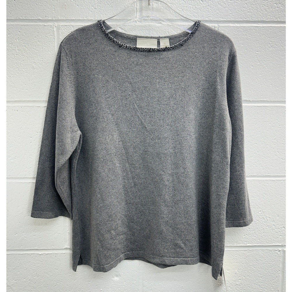 Emma James Sweater Gray Silk Cashmere Beaded Trim Pullover / Womens XL